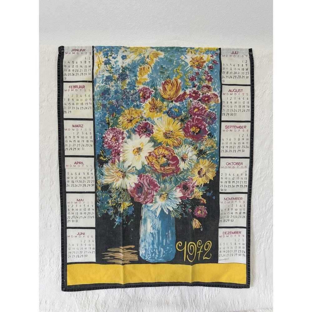 Vintage 1972 French Floral Calendar Tea Towel Flower Bouquet Kitchen Accessory